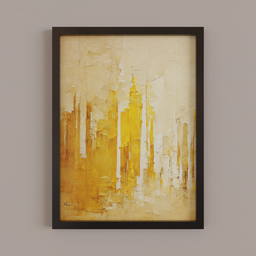 "Abstract city skyline painting with gold and white ethereal light on canvas. Inspired by Kailash Chandra Meher and featuring negative space, this unique and intricate artwork is a must-see. Perfect for art enthusiasts and fans of brutalist architecture."