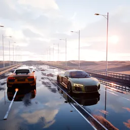 Supercars on Wet Desert Highway