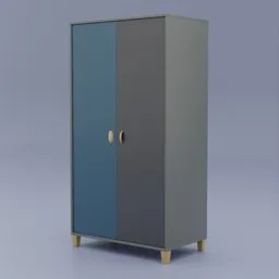 "Blue and grey Wardrobe with 2 doors - inspired by Sonia Delaunay-Terk and Christoffer Wilhelm Eckersberg with wooden handle. Rendered in Redshift for Blender 3D. Ideal for kids furniture or Nathen Furniture Family."