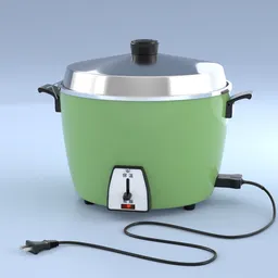 "Multi Functional Cooker - A green and silver electric cooker with USB ports and a cord, depicted as a 3D render. This kitchen appliance is ideal for cooking various meals and comes with innovative features. Discover this Blender 3D model for your creative projects."