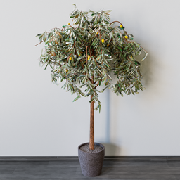 "3D model of an indoor lemon tree in concrete pot, created in Blender 3D. This realistic tree features yellow berries and would be a great addition to any nature-inspired project."