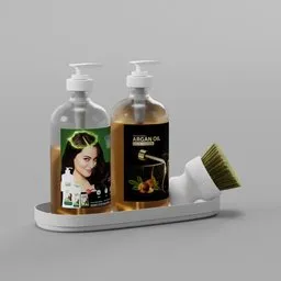 Realistic 3D-rendered cosmetic bottles with dispensers, showcasing argan and coconut oil products, suitable for Blender render.