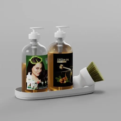 Realistic 3D-rendered cosmetic bottles with dispensers, showcasing argan and coconut oil products, suitable for Blender render.