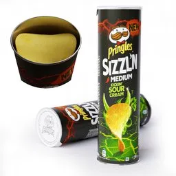 "High-quality 3D model of Pringles with pizza and sour cream cans, showcasing brightly colored smoke and unique design. This Blender 3D model offers a 360-degree view, crisp potato skin textures, and an enhanced version with delicious chips. Explore the megalithic shape, detailed product descriptions, and uncompressed PNG format for an enhanced visual experience."