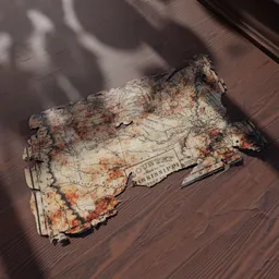 "Highly detailed 4K map with tears and dirt, ideal for Blender 3D. This science-miscellaneous model features an old scroll in a haunted destroyed house with a ray-traced sunlight effect. Perfect for adding a Western twist to your designs."