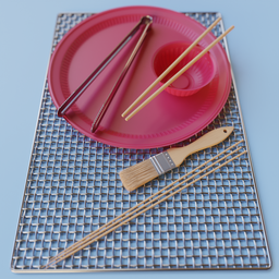 High-quality 3D model featuring BBQ utensils, plate, and brush for Blender rendering and animation.