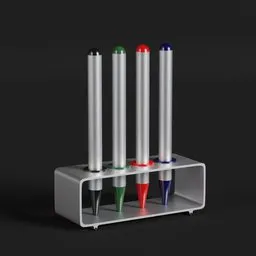 "Pen Holder Set: A sleek and artistic 3D model in metallic and diffuse textures, featuring three colorful pens and a holder on a black background. Perfect for decorative use, compatible with Blender 3D."