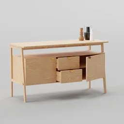 "Buffet Drawers + Doors POLA, a highly detailed 3D model in Blender 3D. This hall furniture piece features a wooden table with drawers and a vase on top. Inspired by Oluf Høst and Þórarinn B. Þorláksson, this model is perfect for bar, kitchenette, and conference room designs. Get this post-minimalism inspired masterpiece for your projects today."