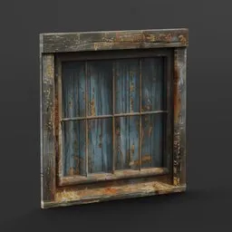 Detailed texture of an aged blue wooden 3D model window with weathered paint and rustic frame, suitable for Blender.