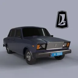"3D model of VAZ 2107 Lada, a USSR sedan car, inspired by Mikhail Lebedev. This Blender 3D model features a detailed engine and authentic design elements from the 1970s. Created using Blender 3D and available in the standard category on BlenderKit."