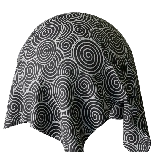 Black and white swirling pattern PBR fabric material for Blender 3D and cloth texturing applications.