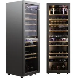 Detailed Bosch Serie 6 wine cooler 3D model in black, with visible shelving and bottles, created in Blender Cycles.