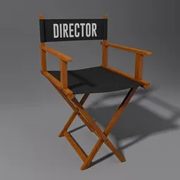 Highly detailed Blender 3D model of a folding wooden chair with black canvas, marked for a film director, with 4k textures.