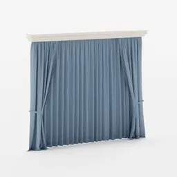 Blue pleated curtain 3D model with pine rod, tied back, for Blender fabric simulations.