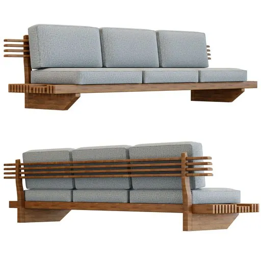 Detailed 3D model of a modern wooden sofa with cushions, designed for Blender interior renderings.