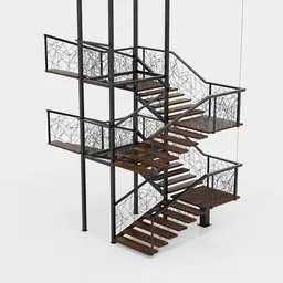 "Modern U shaped stairs for three-story buildings, 3D model for Blender 3D. Featuring a metal staircase with wooden handrail and railing, inspired by the works of Josef Navrátil and Aleksandr Ivanovich Laktionov. Complete with wrought iron and reaching a height of 1 7 8, this high-end and rigid design is rendered in Octane."