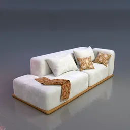 Realistic 3D model of white double sofa with decorative cushions and wood base rendered in Blender.