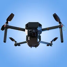 Detailed quadcopter drone 3D model with camera, designed for Blender, isolated on blue, ideal for photography simulations.