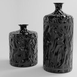 "Black Vase Set - Realistically detailed shading, two black vases on a white surface. Inspired by Theodor Philipsen and Tetsugoro Yorozu. Perfect for Blender 3D modeling projects."