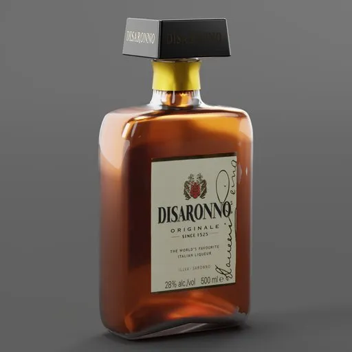 Detailed 3D rendering of Disaronno liquor bottle with label, ideal for Blender 3D projects and design.