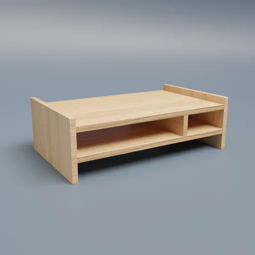 3D rendered wooden desk rack model with shelves for monitors created in Blender.