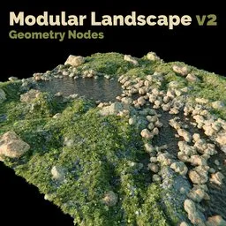 Flexible 3D river scene with adaptive vegetation and editable terrain using Blender Geometry Nodes.