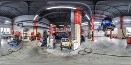 360-degree interior view of a well-equipped car repair garage with tools and a car on lift for realistic scene lighting.