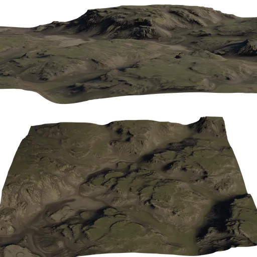 Detailed digital terrain model of cracked sediment mountains with realistic textures for 3D rendering in Blender.