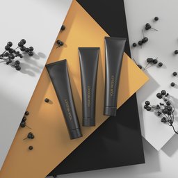 3D-rendered cosmetic tubes on a geometric backdrop with berries, ideal for Blender visualization.