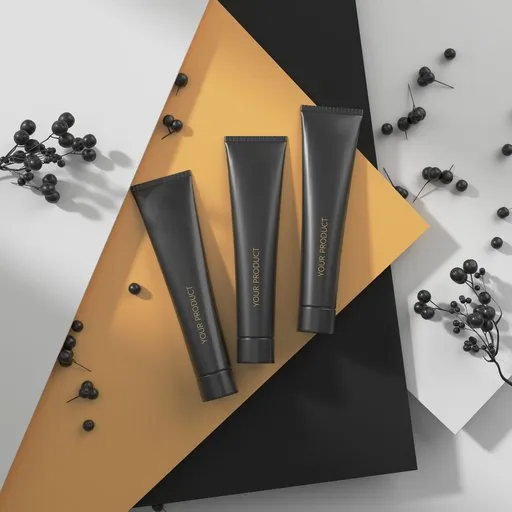 3D-rendered cosmetic tubes on a geometric backdrop with berries, ideal for Blender visualization.