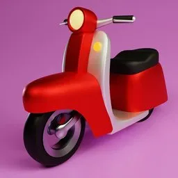 "Vespa motorcycle - 3D model for Blender 3D: A close up of a sleek red and white scooter on a purple background. Suitable for motion graphics and lowpoly usage. Perfect for creating dynamic scenes in Blender 3D."