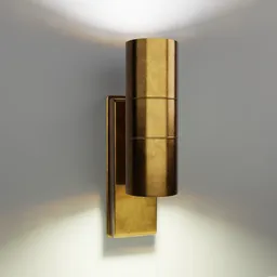 Detailed 3D render of a cylindrical metal wall light fixture with up and down illumination suitable for Blender graphics projects.