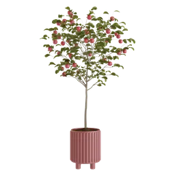 "3D Fruit Tree model for Blender 3D - A beautiful potted tree with pink blossoms and realistic fruit, inspired by Willem Maris and Hariton Pushwagner. Perfect for large rooms, yards, and outdoor scenes, with optimized polygons and stunning lighting."