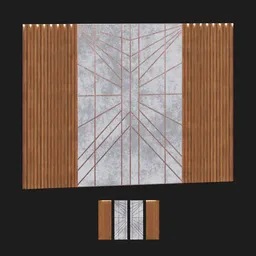 "Wooden w/white velvet 3D panel for interior decoration - Blender 3D model with metal panels, bamboo texture, and stylized border inspired by Henricus Hondius II."