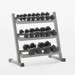 "A sleek and minimalistic dumbbell weight rack, inspired by Charles Fremont Conner's design. This 3D model, created using Blender 3D, features XMark rubber dumbbells in varying weights from 2kg to 22kg. Perfect for bodybuilders and fitness enthusiasts alike."