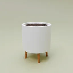 3D model of a modern white indoor pot with wooden legs, high-quality render for Blender artists.