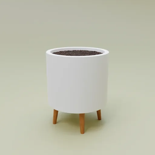 3D model of a modern white indoor pot with wooden legs, high-quality render for Blender artists.