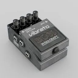 Highly detailed Blender 3D model of a vintage Waza Craft vibrato effect pedal with realistic textures and knobs.
