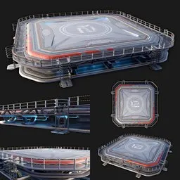 "Sci-Fi Landing Pad 3D model for Blender 3D with highly detailed rounded forms, luminous cockpit, and various containers. Mix of PBR and procedural textures in cycles material. Ideal for sci-fi trading depots, arenas, and authority settings."
