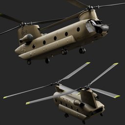 Detailed Blender 3D rendering of a twin-rotor military transport helicopter on a dark background.
