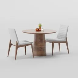 3D-rendered modern dining set with two elegant chairs and round table, including potted plant and teapot decoration.