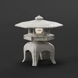 Detailed 3D stone lantern model with a hex top, crafted for garden decor, compatible with Blender.
