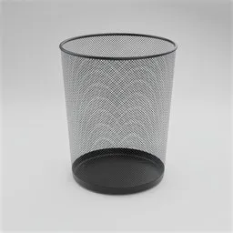 Alt text: "High-resolution wire mesh waste bin for Blender 3D. Close-up view with a black lid. Perfect for creating realistic office scenes and product renders. Top-quality model from BlenderKit's 'Art' category."