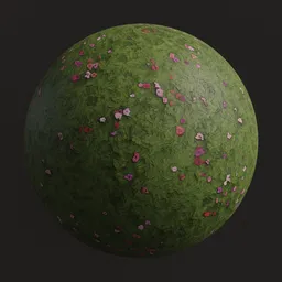 High-detail PBR 3D render of stylized grass texture with pink flowers for Blender material library.
