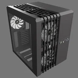 Detailed Blender 3D model of an ATX PC case with two-chamber airflow design, showcasing animated fans.