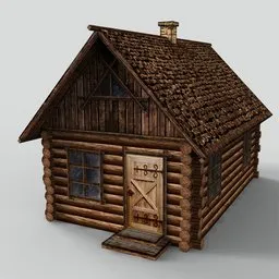"Explore historical 3D model of an ancient Russian log cabin hut, perfect for creating realistic old Russian fortresses with Blender 3D software. This detailed asset features a cast iron material, door and window, and smaller buildings to enrich your video game environment. Characters can be seen standing outside, providing a true-to-life feel to your project."