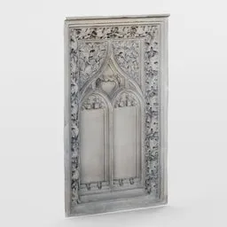 "Low-poly gothic stone carving panel for Blender 3D with PBR textures, ideal for church building projects. Modeled in Blender and beautifully textured for realistic rendering. Perfect for adding a touch of dark elegance to your 3D design portfolio."