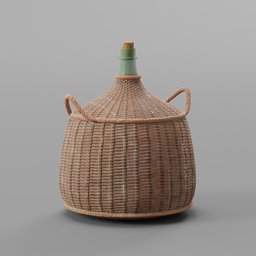 "Medieval market bottles with wicker basket and green lid, ideal for enhancing your Blender 3D medieval scenes. This industrial container-inspired 3D model exudes elegance, featuring a fancy whiskey bottle in a charming 3D render. Get this cute and separated game asset in FBX format, perfect for museum catalog photography or creating image datasets."