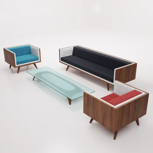 Vintage-style 3D sofa set with elegant wood accents and colorful cushions, suitable for Blender rendering.