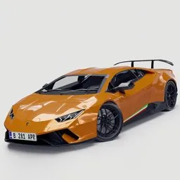 "Orange Lamborghini Huracan Performante, a luxury supercar 3D model for Blender 3D. Detailed interior and powered by a V10 engine. Perfect for creating stunning visualizations and automotive designs."